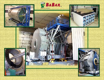 A collage of BABAR detector and construction images.